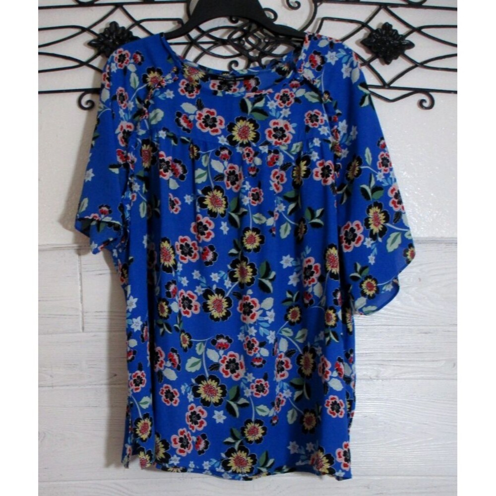 Zac & Rachel Women's Top Size 2X Short Sleeve Blue Floral Round Neck